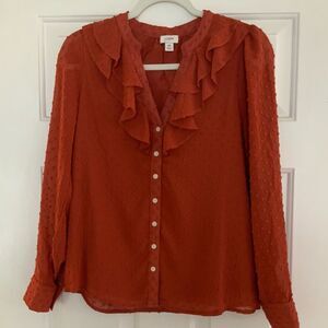 J. Crew Orange Puff Sleeve Ruffled Blouse